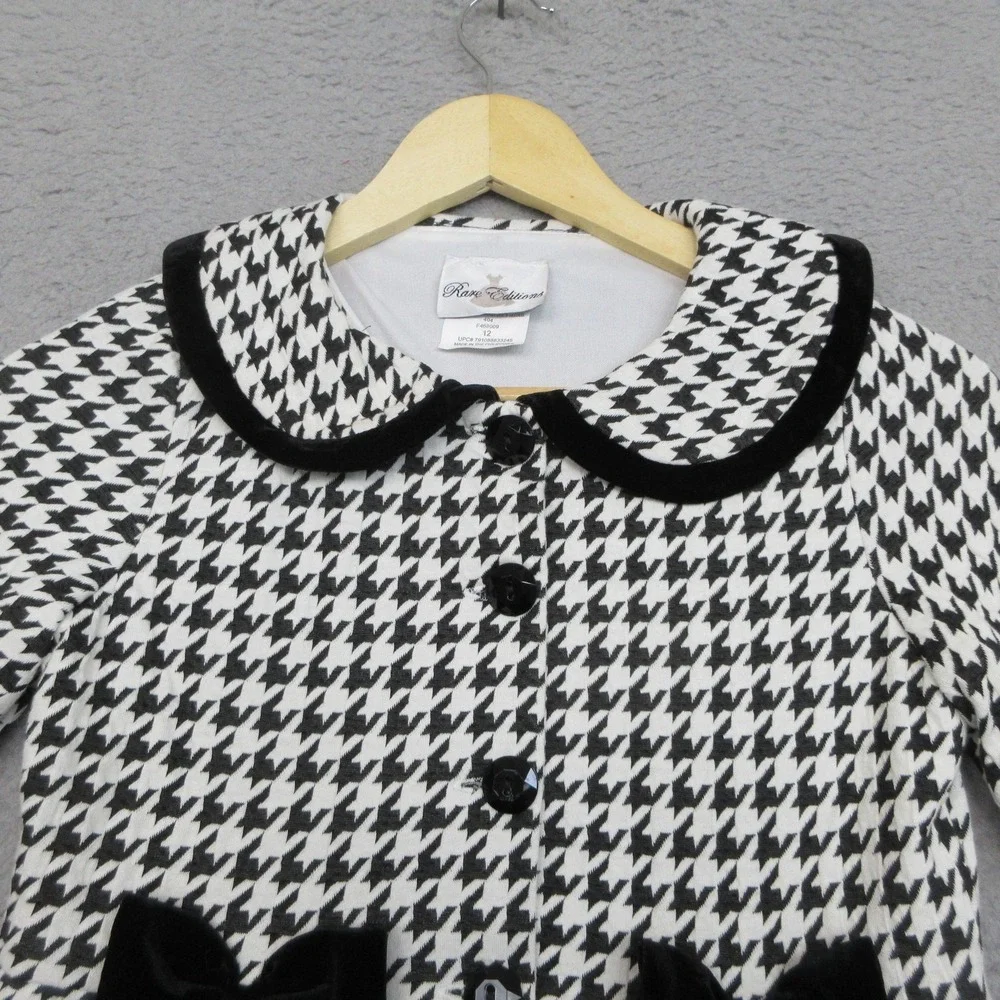 Rare Editions Houndstooth Coat Girls 12 Black White Velvet Bow Winter Dressy